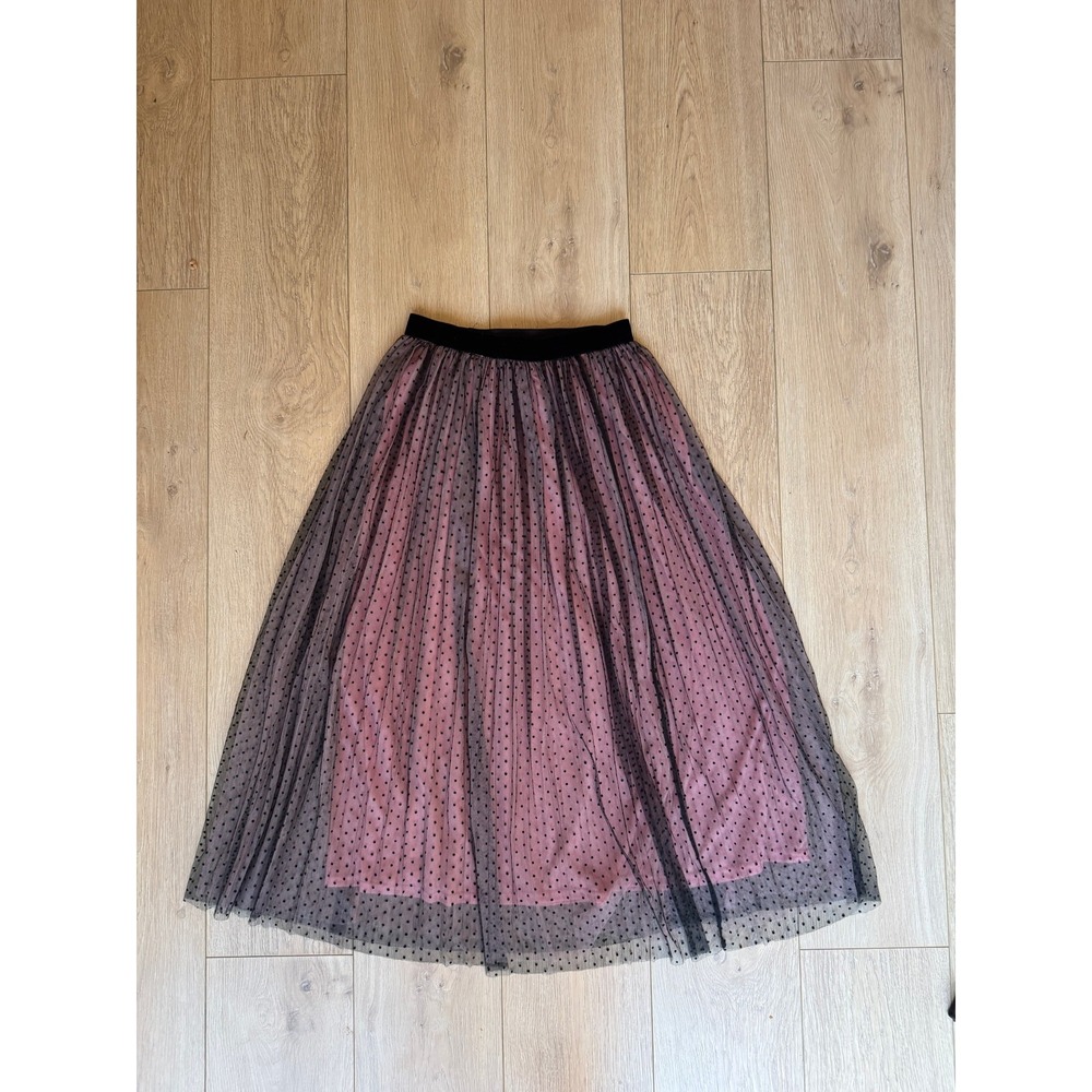 ZARA Pink Black Polka Dot Tulle Midi Skirt Pleated Layered Elastic Waist Size S